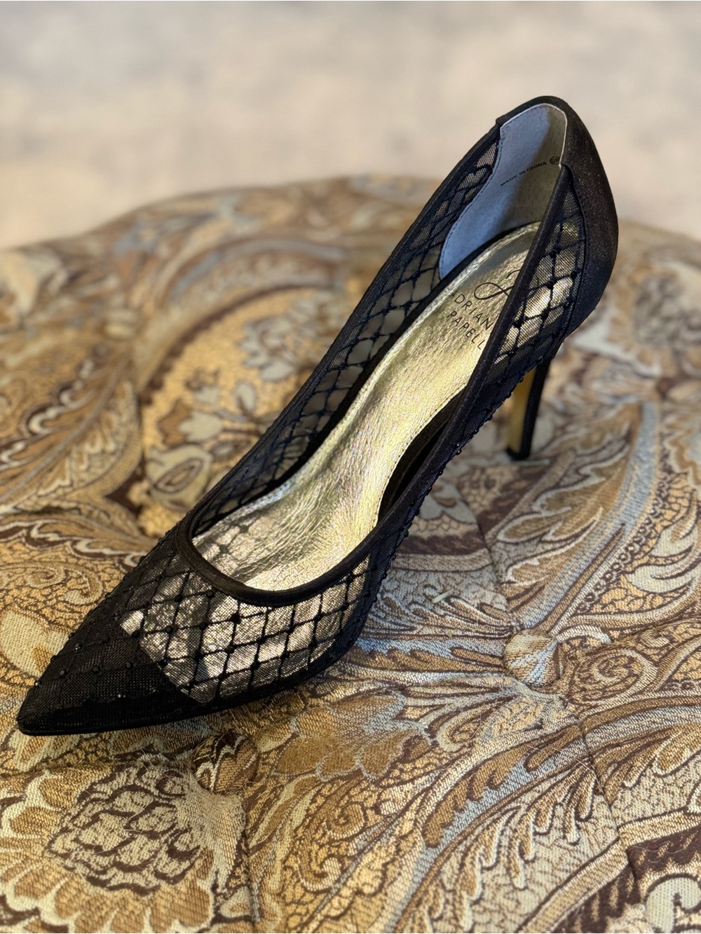 Adrianna Papell Black Mesh Pointed Pumps with Metallic Insole